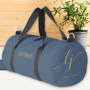 Bolso De Deporte Pequeño Monograma moderno de la marina azul dorado elegant