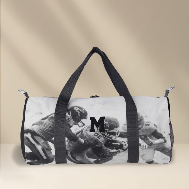 Bolso De Deporte Pequeño Monograma personalizado, fútbol blanco y negro (Personalized Monogram, Black and white Sport, Soccer Duffel Bag.)