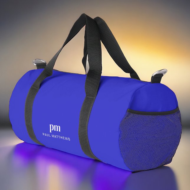 Bolso De Deporte Pequeño Monograma y nombre mínimo simple azul cobalto (Personalize with your initials and name.)