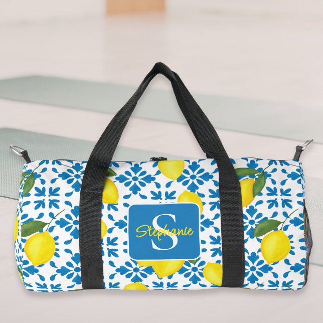 Bolso De Deporte Pequeño Name Monogram French Country Tile Lemons Pattern (Subido por el creador)