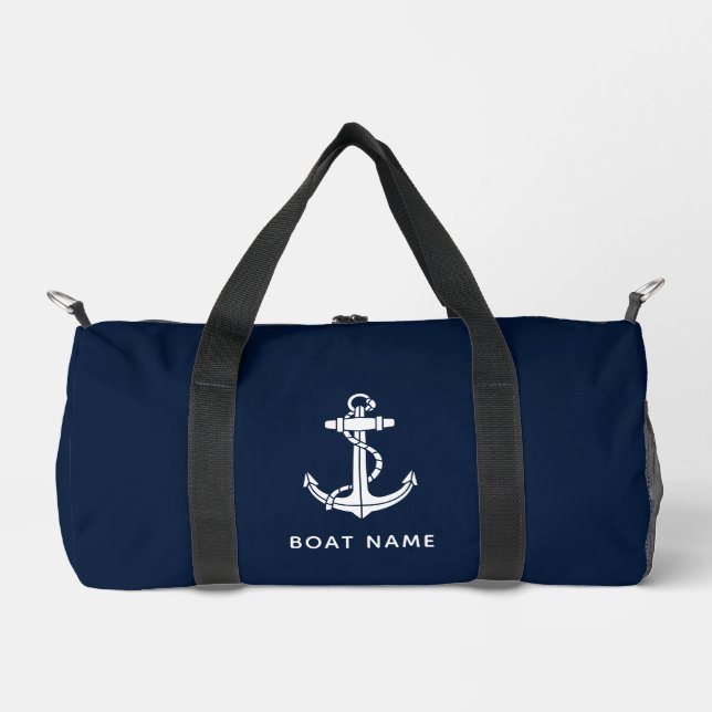 Bolso De Deporte Pequeño Nautical Naval Blue Boat Name Personalizado Cruise (Anverso)