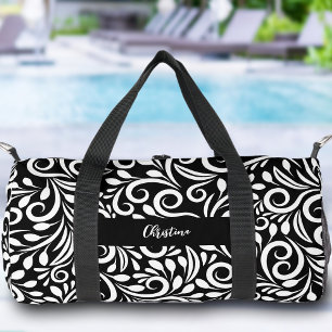Bolso De Deporte Pequeño Nombre Personalizado Floral Moderno Elegante Negro