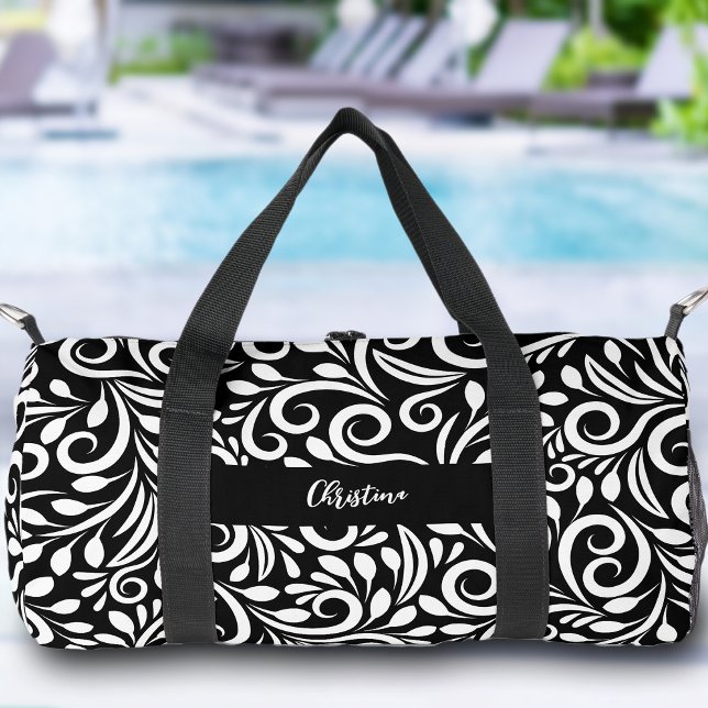 Bolso De Deporte Pequeño Nombre personalizado Floral moderno Elegante negro (Custom Name Modern Floral Elegant Black & White Duffle Bag)