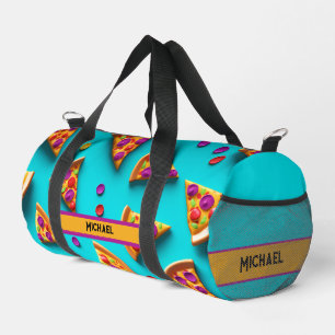 Bolso De Deporte Pequeño Patrón de pizza azul divertido nombre o texto prop