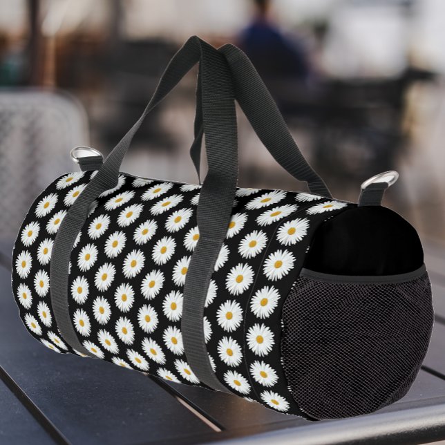 Bolso De Deporte Pequeño Patrón floral de margarita blanca sobre negro (Subido por el creador)