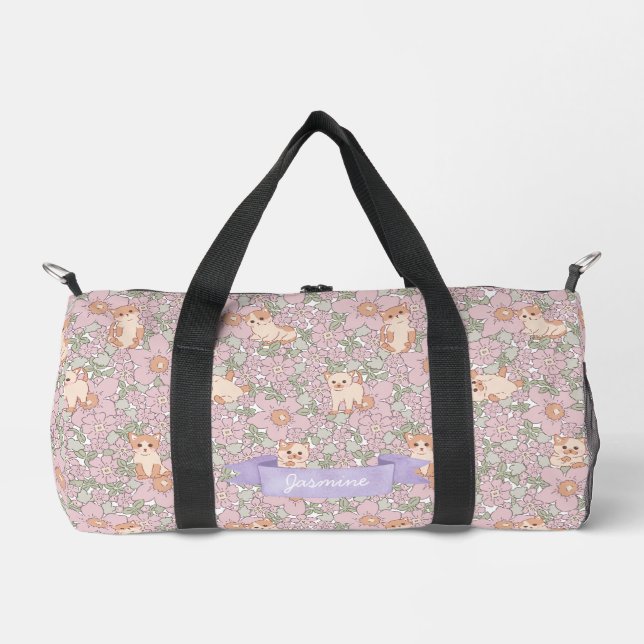 Bolso De Deporte Pequeño Patrón floral púrpura de gatito lindo (Anverso)