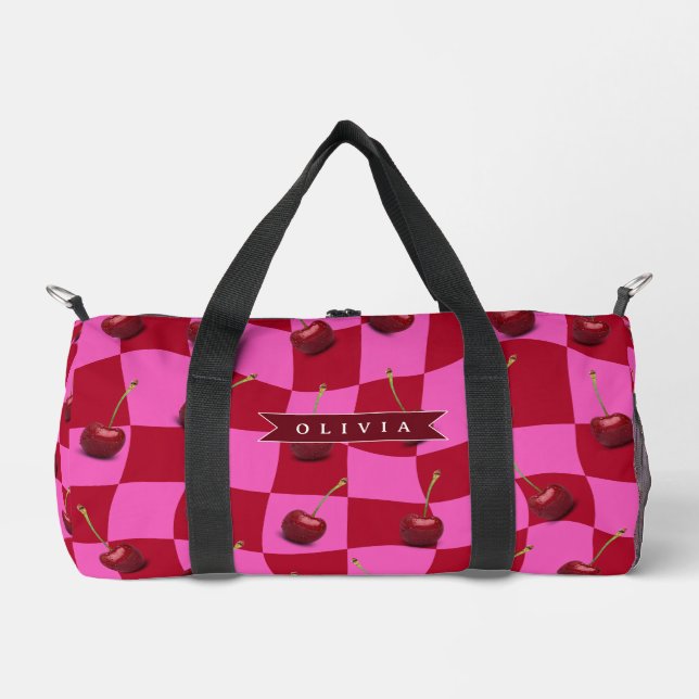 Bolso De Deporte Pequeño Personalized Cherry Gingham Retro Custom Name (Anverso)