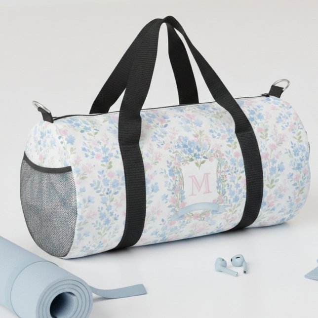 Bolso De Deporte Pequeño Personalized Floral Monogram Bag (elegant girly blue pink floral personalized duffel bag with custom monogram initial)