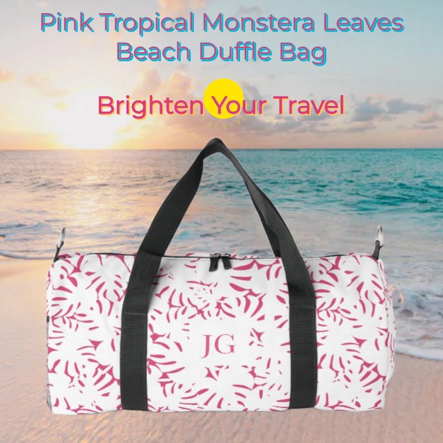 Bolso De Deporte Pequeño Playa Rosa Monstera Hojas Tropicales (Pink Tropical Monstera Leaves Beach Duffle Bag & matching luggage and totes #beach #tropical #mom)