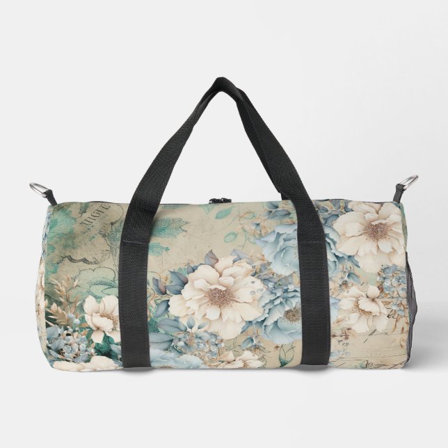 Bolso De Deporte Pequeño Shabby Chic Verde azulada Pastel Floral Duffle Bag (Anverso)