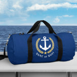 Bolso De Deporte Pequeño Tu barco o tu nombre Anchor de la Armada de la Est<br><div class="desc">Bolsa de viaje con temática náutica o de duffel de gimnasia con tu nombre personalizado o nombre del barco. El diseño es majestuoso, con un ancla de barco blanco realzado con hojas de laurel de color oro y una estrella dorada. El color de la bolsa es un azul marino rico...</div>