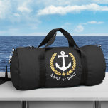 Bolso De Deporte Pequeño Tu barco o tu nombre Anchor estrella del Laurel de<br><div class="desc">Bolsa de viaje con temática náutica o de duffel de gimnasia con tu nombre personalizado o nombre del barco. El diseño es majestuoso, con un ancla de barco blanco realzado con hojas de laurel de color oro y una estrella dorada. El color de la bolsa es negro o se puede...</div>