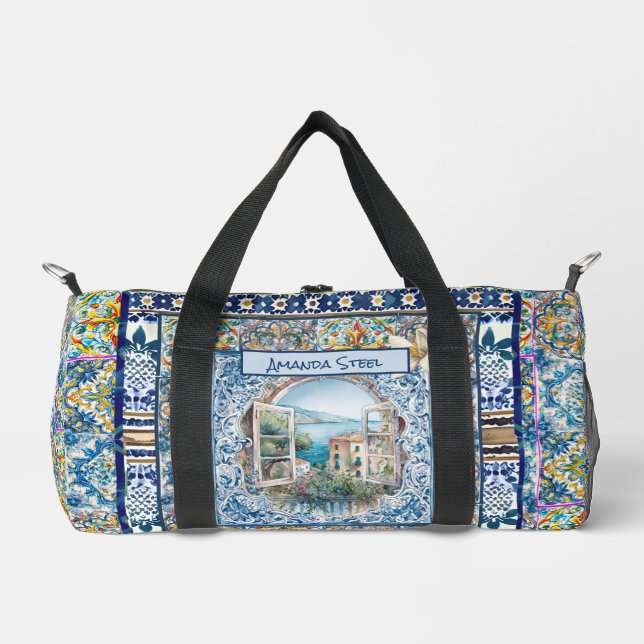 Bolso De Deporte Pequeño verano azulejos azules florales italianos cítricos (Anverso)