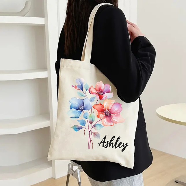 Bolso de Flores de Acuarela Personalizadas para Da (watercolor flowers tote bag, floral tote bag, personalized bag, best mom ever gift, bridesmaid gift)