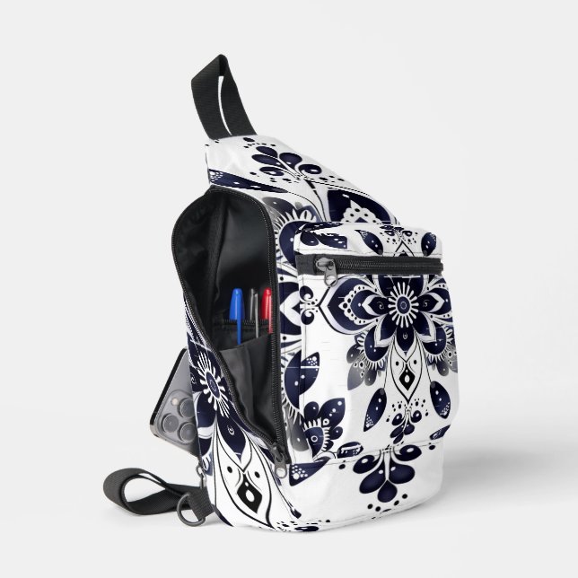 Bolso de hombro de mandala blanco azul marino (Abierto)