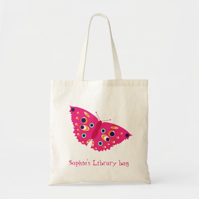 Bolso de la biblioteca con la mariposa rosada (Frente)