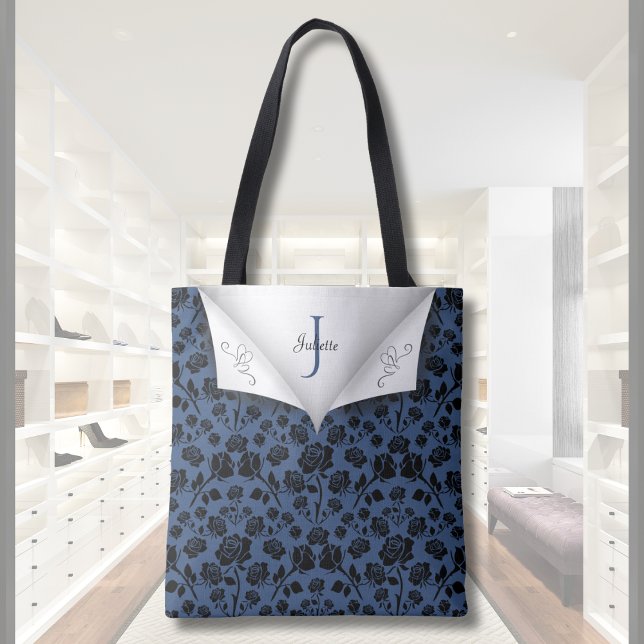 Bolso de mano con monograma floral azul elegante (Stylish Blue Floral Monogrammed Tote Bag)
