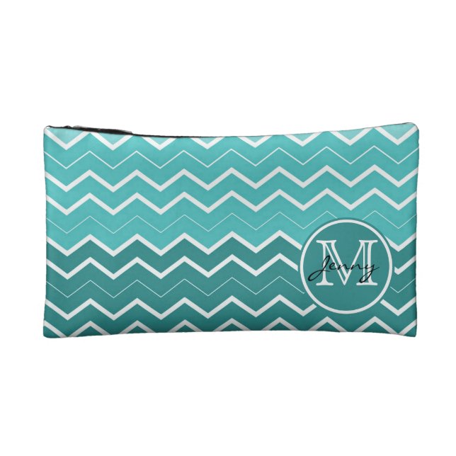 Bolso De Maquillaje Monograma verde azulado de Chevron (Atrás)