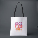 Bolso De Tela اً: Colorful Good Vibes Only Tote Bag<br><div class="desc">​Spread positivity with this stylish 'Good Vibes Only' tote bag. Featuring a vibrant and modern typography design in pink and orange tones,  this durable canvas bag is perfect for shopping,  school,  beach trips,  or daily errands. A great motivational gift for friends and family.</div>