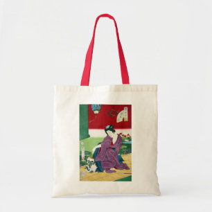 Bolso De Tela 猫と女, 国周 Cat and Woman, Toyohara Kunichika, Ukiyo-e