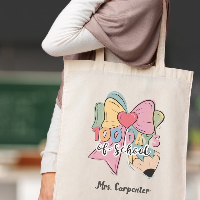 Bolso De Tela 100 Días De Escuela 🎀 Maestra Personalizado Coque (100 Days Of School 🎀 Coquette Bow Custom Teacher Tote Bag)