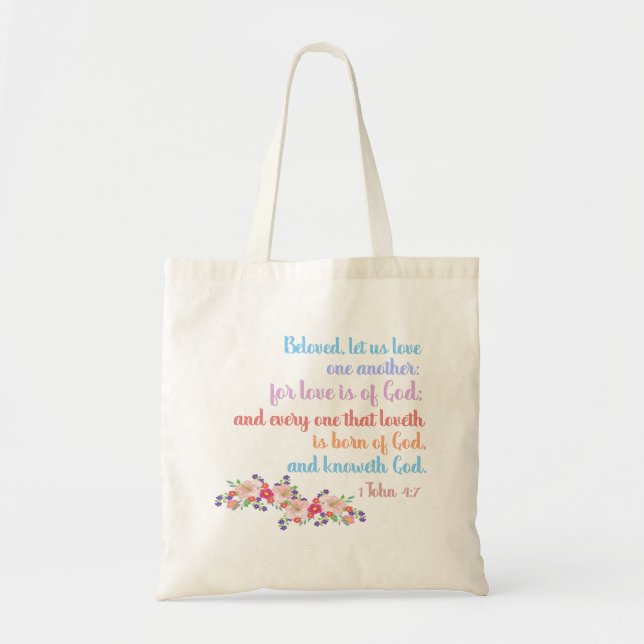 Bolso De Tela 1 Juan 4:7 Versículo Bíblico Texto Arcoíris (Frente)