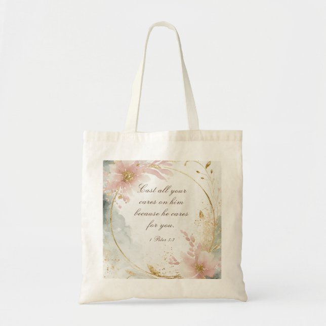 Bolso De Tela 1 Peter 5:7 Arroja todos sus cuidados sobre su ver (Frente)