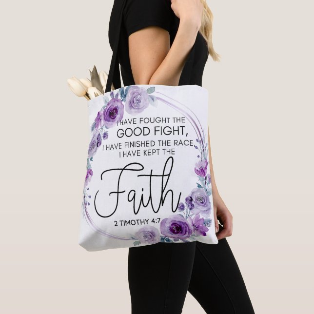 Bolso De Tela 2 Timoteo 4:7 He guardado la fe Morado Floral (Detalle)