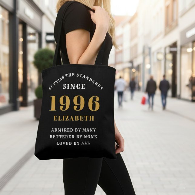 Bolso De Tela 30th Birthday 1996 Black Gold For Her Personalized (Born 1996 birthday tote bag. Background out of focus.)