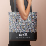 Bolso De Tela 5 Collage de fotos - patrón hexágono funky - negro<br><div class="desc">Un patrón loco con tus fotos favoritas sobre un fondo negro y tu nombre en blanco. Las fotos tienen forma de hexágono y en un patrón de rareza para hacer un diseño loco. — Usa tus fotos de SQUARE para obtener los mejores resultados! Para cambiar el color de fondo, pulse...</div>