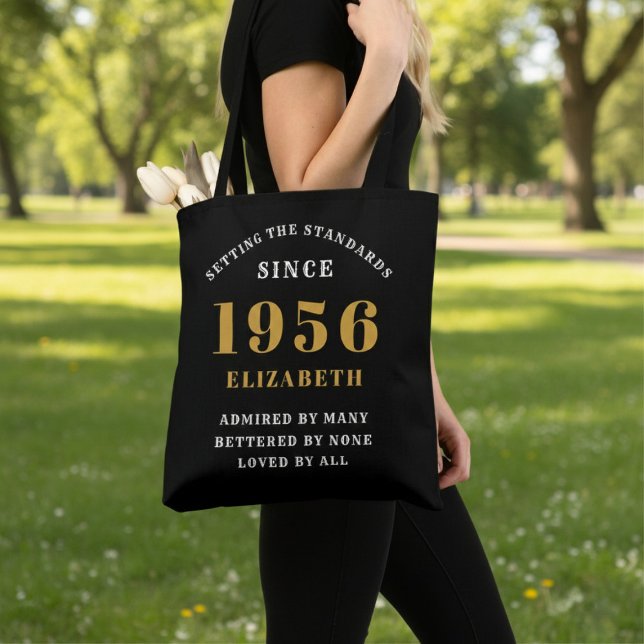 Bolso De Tela 70th Birthday 1956 Black Gold For Her Personalized (Born 1956 birthday tote bag. Background out of focus.)