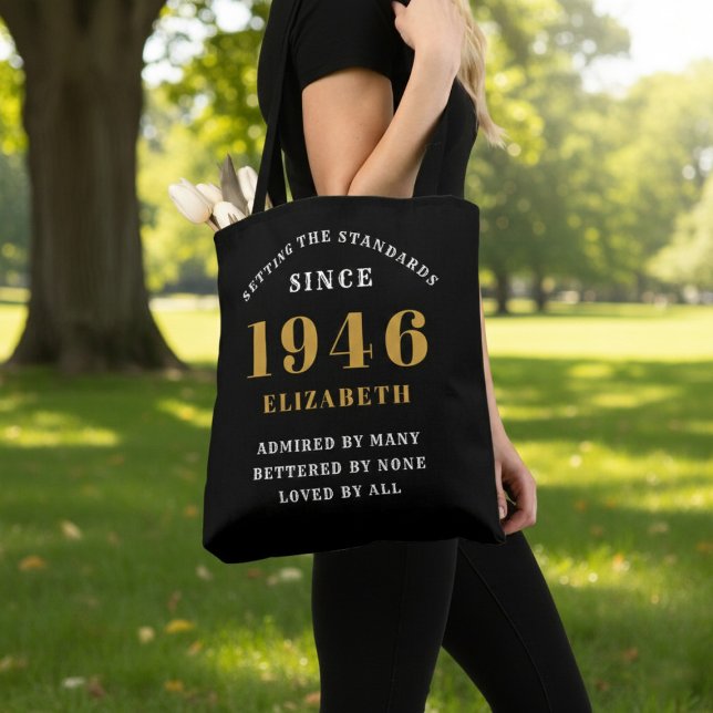 Bolso De Tela 80th Birthday 1946 Black Gold For Her Personalized (Born 1946 birthday tote bag. Background out of focus.)