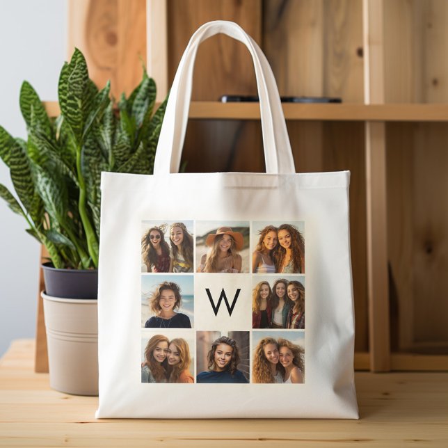 Bolso De Tela 8 Personalizado de Collage de fotos Monograma Blan (Personalized tote bag with photos and monogram)