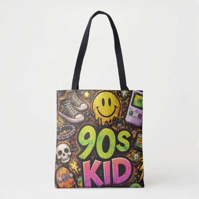 Bolso De Tela 90s Kids Grunge Seamless Pattern: Pizza, Skeletons (Anverso)