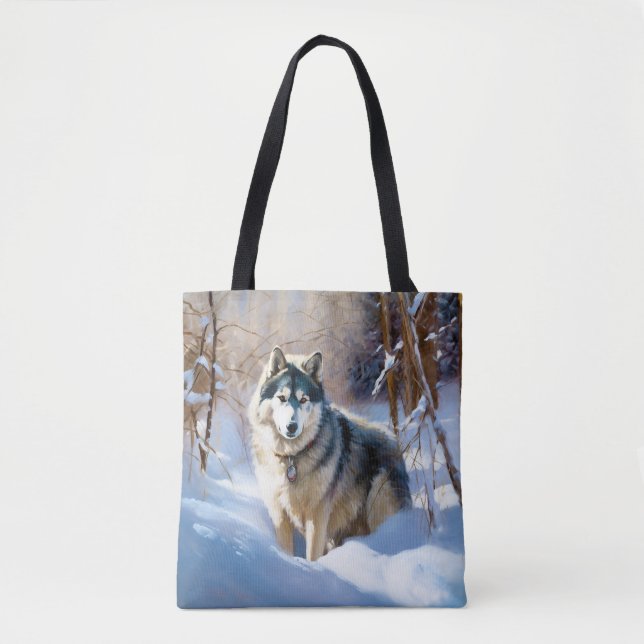 Bolso De Tela Aaskan Malamute deja que nieve Navidades (Anverso)