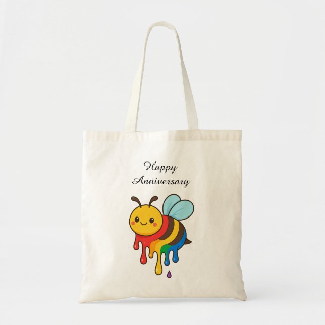 Bolso De Tela Abeja arco iris - mariposa - Aniversario feliz (Frente)