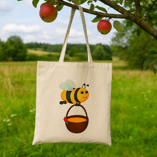 Bolso De Tela Abeja cortada llevando una maceta de miel con flor