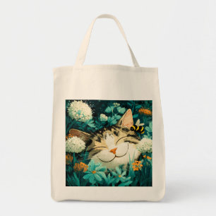 Bolso De Tela Abeja de acuarela gato durmiendo flor jardín