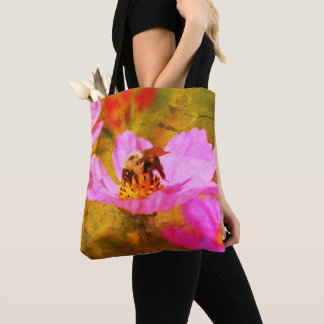 Bolso De Tela Abeja De Bumble En El Arte De Flor De Cosmos Rosa
