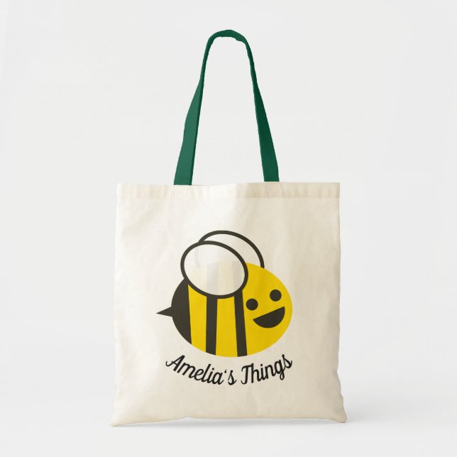 Bolso De Tela Abeja feliz del dibujo animado lindo personalizada (Frente)