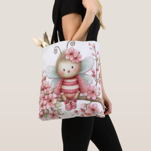 BOLSO DE TELA ABEJA Y FLORES DE VERANO ROSADAS Y BLANCAS ADORABL