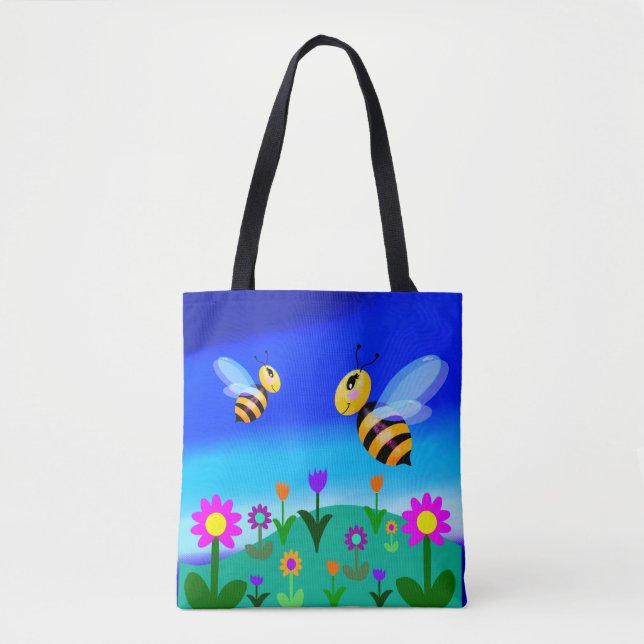 Bolso De Tela Abejas felices en un campo de flores (Anverso)