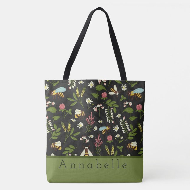 Bolso De Tela Abejas y flores ocupadas personalizan (Anverso)