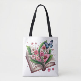 Bolso De Tela Abrir libro con flor rosa y mariposa