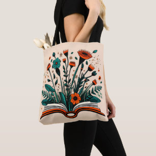 Bolso De Tela Abrir libro con flores que brotan