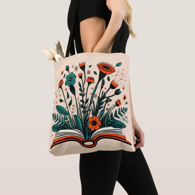 Bolso De Tela Abrir libro con flores que brotan (Detalle)