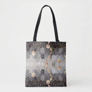 Bolso De Tela Absorción geométrica de hexagones en negro y w