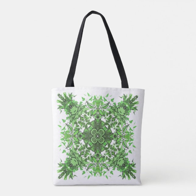 Bolso De Tela Abstract Floral Pattern In Black & Green On White (Reverso)