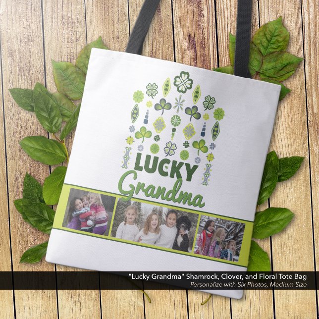 Bolso De Tela "Abuela afortunada" Foto de Shamrock Clover Floral ("Lucky Grandma" Shamrock, Clover, and Floral Photo Tote Bag: Personalize with 6 photos.)