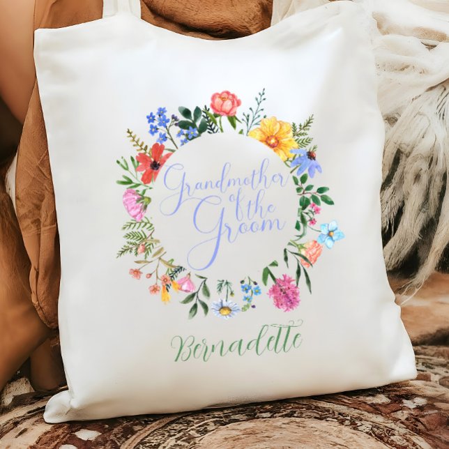Bolso De Tela Abuela de flor silvestre del Boda Groom (Grandmother of the groom gift. Wildflower watercolor boho floral tote bag)